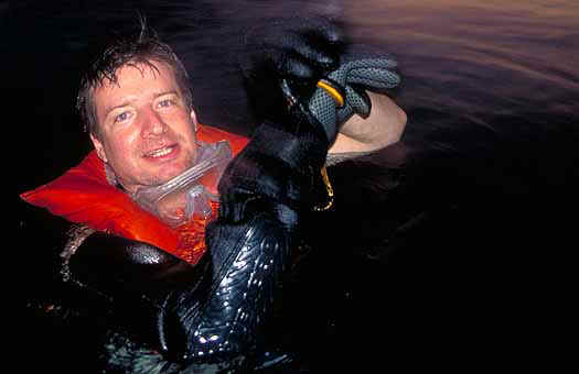 Zoltan catches a Pelagic sea snake (Pelamis platurus) off Costa Rica Pacific coast.
